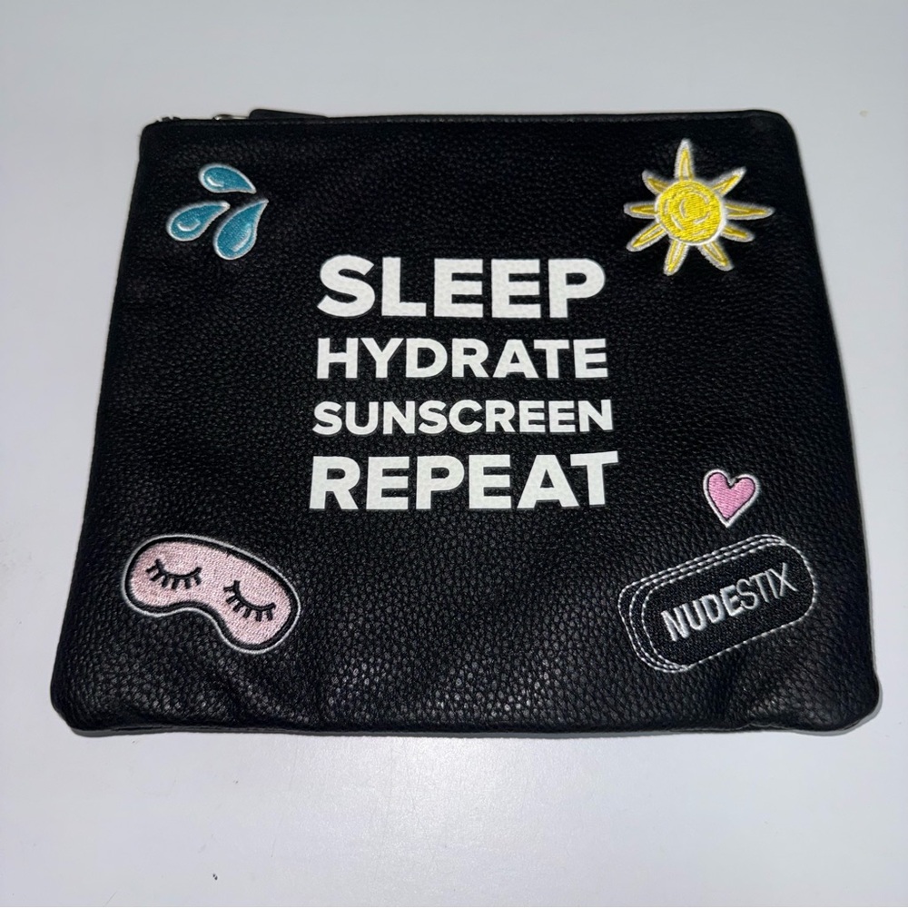 Nudestix Cosmetic Bag Black Pebbled Faux Leather Embroidery